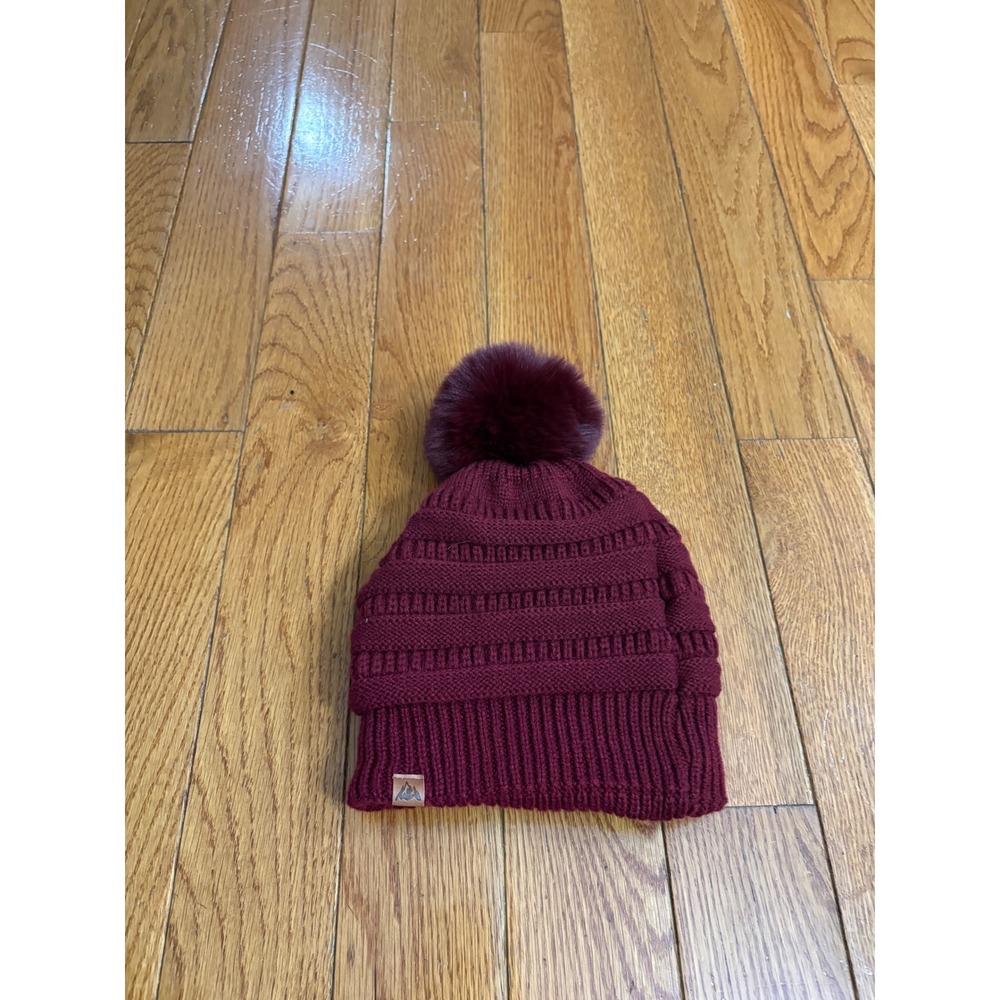Burgundy Cable Knit Beanie Faux Fur Pom Fleece Lined Winter Hat Mountain Logo